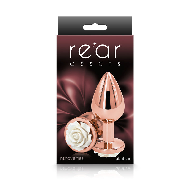 Rear Assets Rose - Medium -  8.9 cm Metal Butt Plug with White Rose Base in elegant packaging.