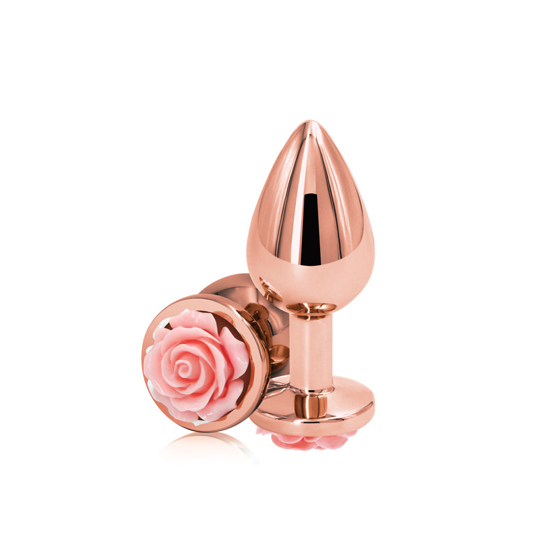 Rear Assets Rose - Medium -  8.9 cm Metal Butt Plug with Pink Rose Base displaying a chrome finish and rose detail.