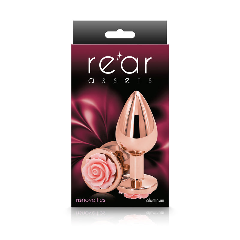 Rear Assets Rose - Medium -  8.9 cm Metal Butt Plug with Pink Rose Base packaging with aluminum design.