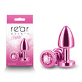 Rear Assets Petite -  -  6 cm Metal Butt Plug with  Round Gem Base displayed in packaging, featuring a shiny pink design.