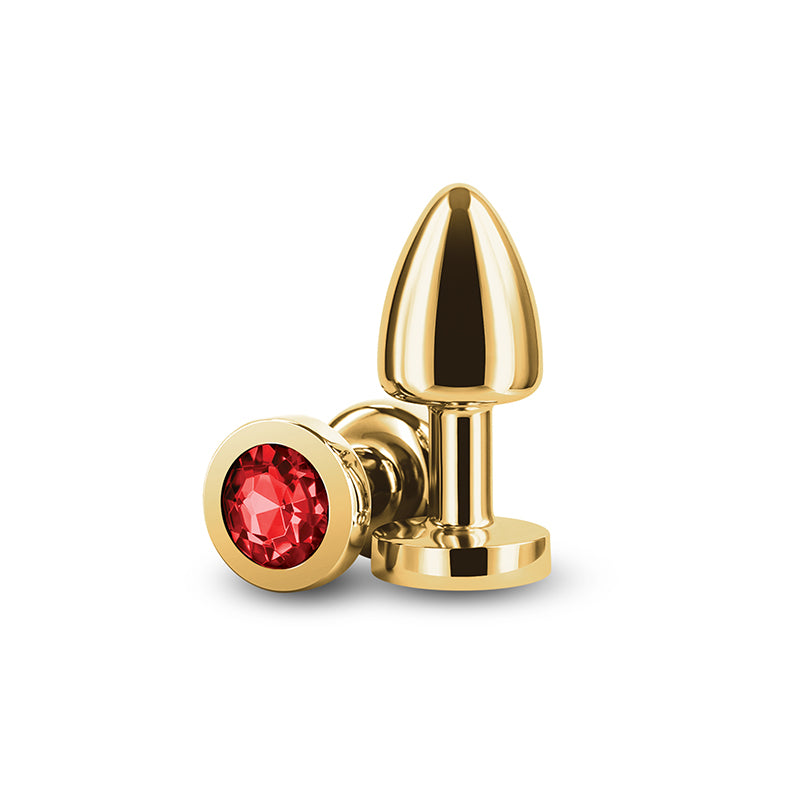 Rear Assets Petite - Gold with Red Gem - Gold 6 cm Metal Butt Plug with Red Round Gem Base.