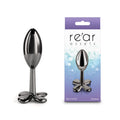 Rear Assets Clover - Gunmetal - Gunmetal 9.2 cm Metallic Butt Plug next to its packaging, showcasing its chrome finish.
