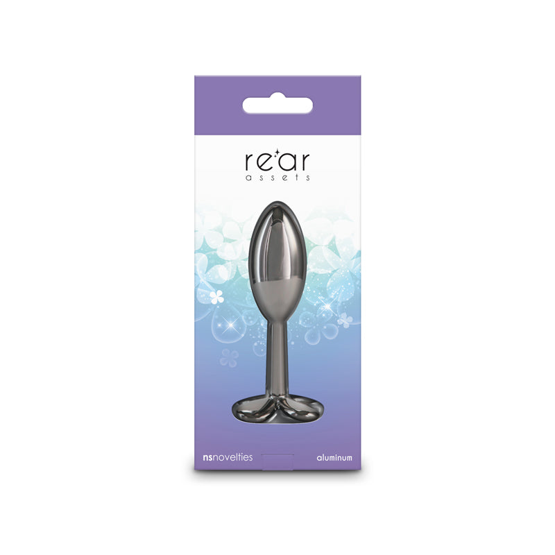 Rear Assets Clover - Gunmetal - Gunmetal 9.2 cm Metallic Butt Plug in packaging, featuring lightweight aluminum design.