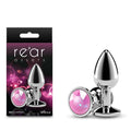Small metal butt plug with pink gem, chrome-plated aluminum, designed for anal play and visual excitement.