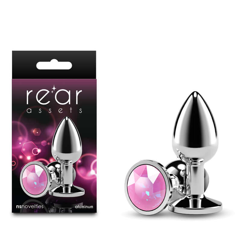 Small metal butt plug with pink gem, chrome-plated aluminum, designed for anal play and visual excitement.