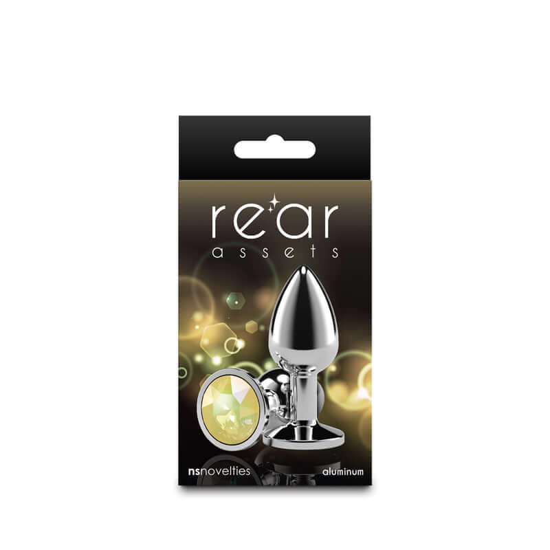 Rear Assets Silver small metal anal plug with yellow gem base, ideal for visual and sensual excitement, yellow gem anal plug.