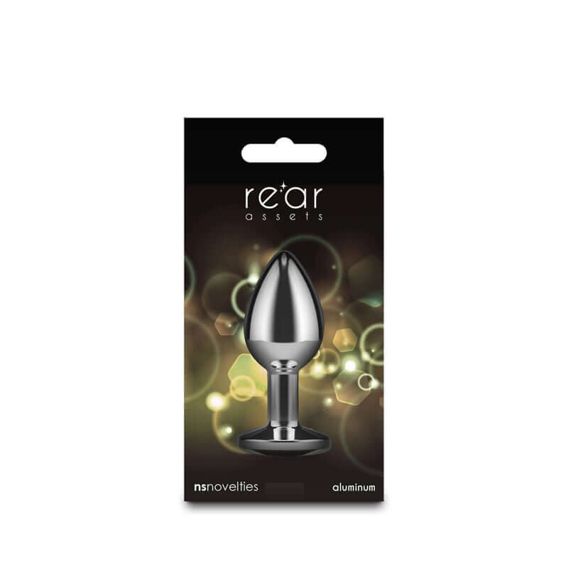 Rear Assets Silver small anal plug with yellow gem base, lightweight aluminum, body-safe design, yellow gem anal plug.