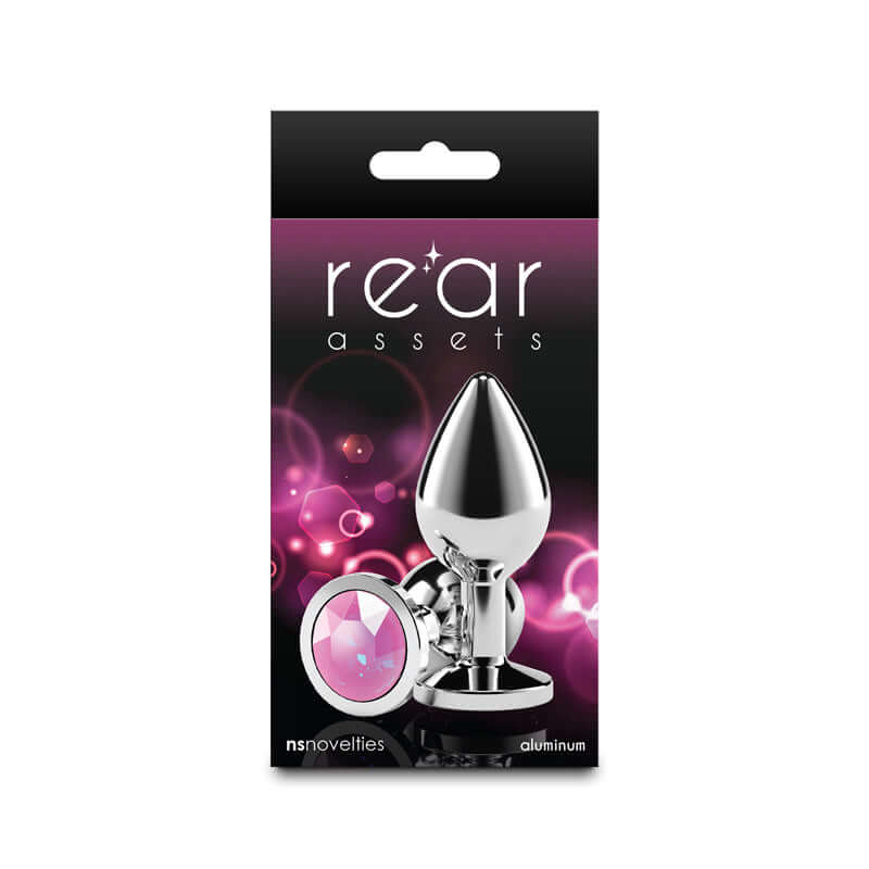 Rear Assets Silver medium metal butt plug with pink gem base - pink gem anal plug.