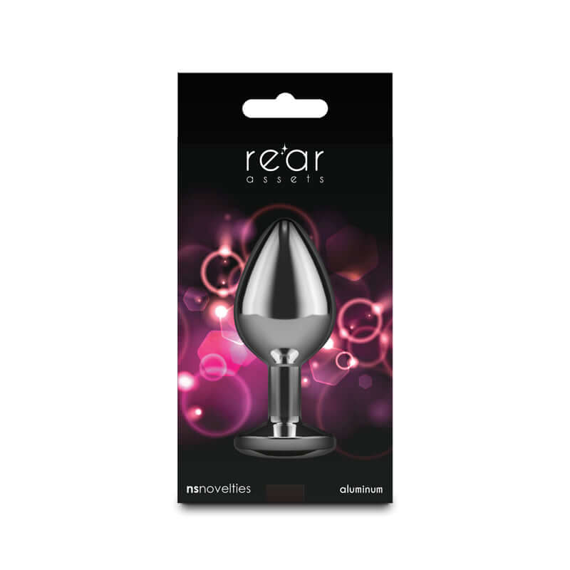 Pink gem anal plug in lightweight aluminum packaging with a sleek chrome finish.