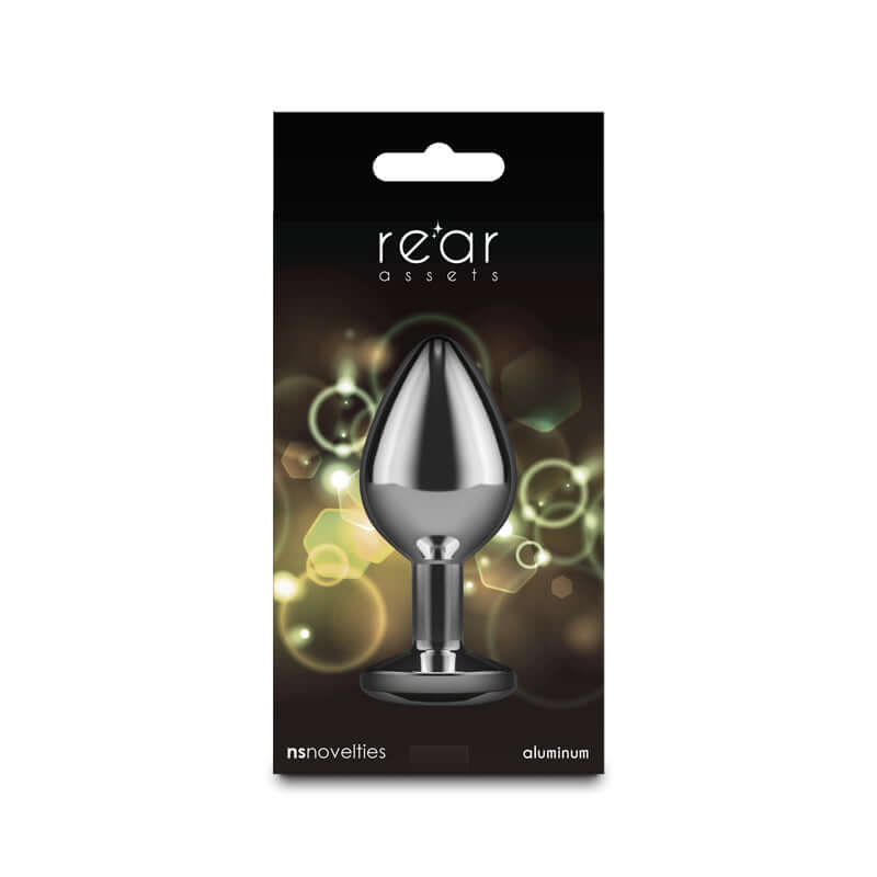 Rear Assets silver medium aluminum butt plug with yellow gem base, lightweight and body safe anal toy.