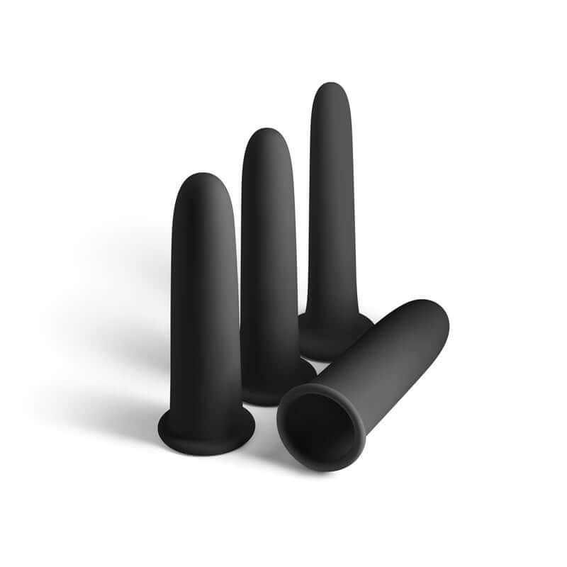 Renegade Gliders anal dilator set for beginners, featuring four black silicone pieces for comfort and wellness.