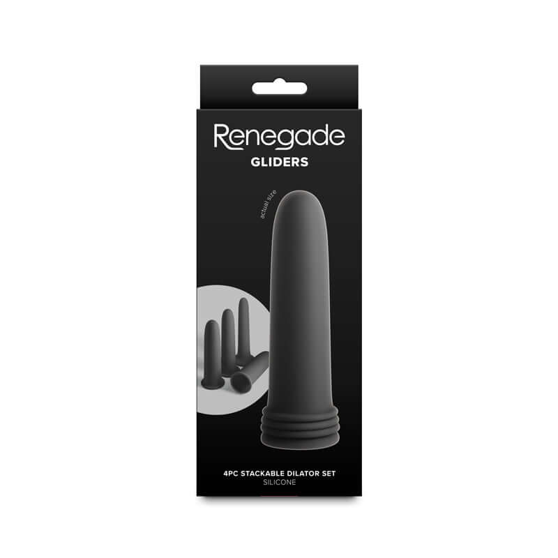 Renegade Gliders anal dilator set for beginners - 4 piece silicone stackable dilator set packaging.