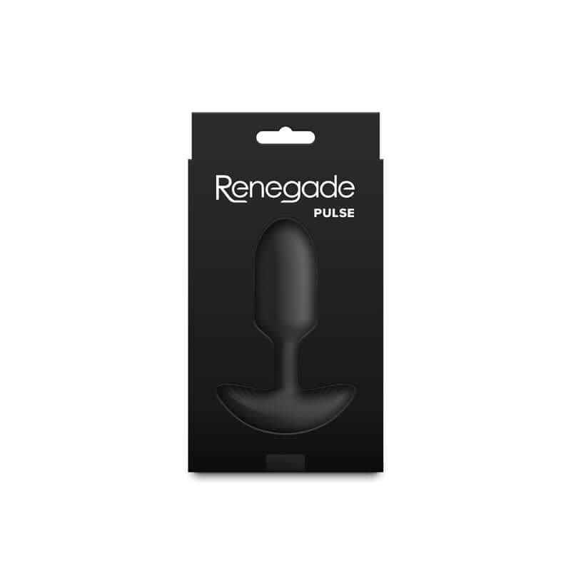 Renegade Pulse USB rechargeable vibrating butt plug packaging with sleek black design.