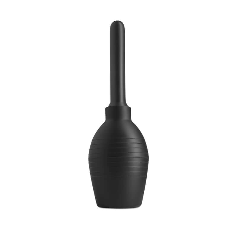 Black unisex intimate body cleanser with a squeezable bulb and straight nozzle for improved hygiene.
