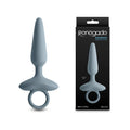 Renegade Maverick - Grey - Grey 15 cm USB Rechargeable Vibrating Butt Plug next to its packaging.