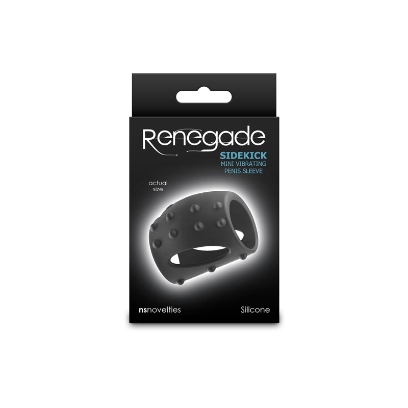 Renegade Sidekick -  -  USB Rechargeable Vibrating Penis Cage packaging, showcasing an ultra thin vibrating penis sleeve.