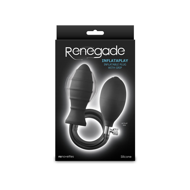Renegade InflataPlay -  -  10.5 cm Inflatable Butt Plug packaging showcasing sleek black design and grip features.