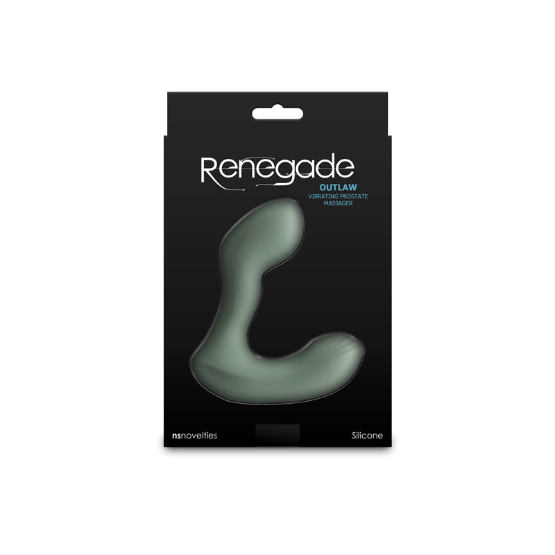 Renegade Outlaw packaging for rechargeable prostate massager featuring sleek design and ergonomic shape.