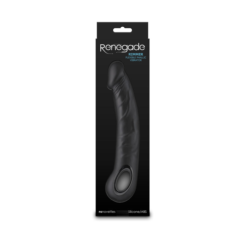 Renegade Rimmer -  -  22 cm USB Rechargeable Vibrator, black silicone phallic vibrator in packaging.