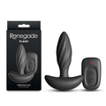 Renegade Flash rechargeable vibrating butt plug with ribbed design and remote, box packaging and actual size displayed.