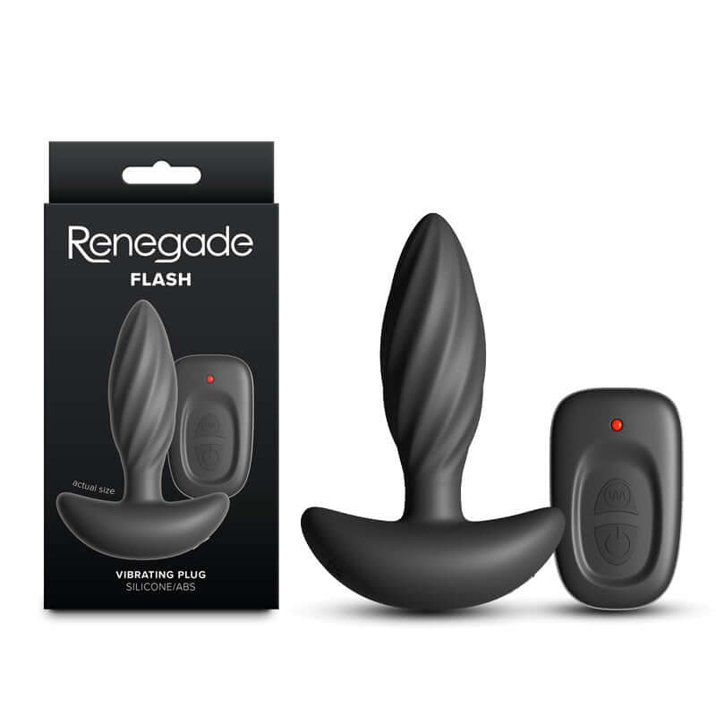 Renegade Flash rechargeable vibrating butt plug with ribbed design and remote, box packaging and actual size displayed.