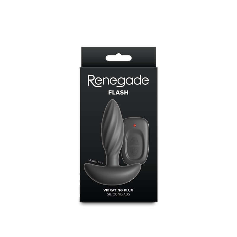 Renegade Flash packaging featuring a rechargeable vibrating butt plug with remote control for enhanced pleasure.