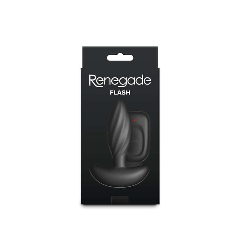 Renegade Flash 10.3 cm USB rechargeable vibrating butt plug packaging with remote control.