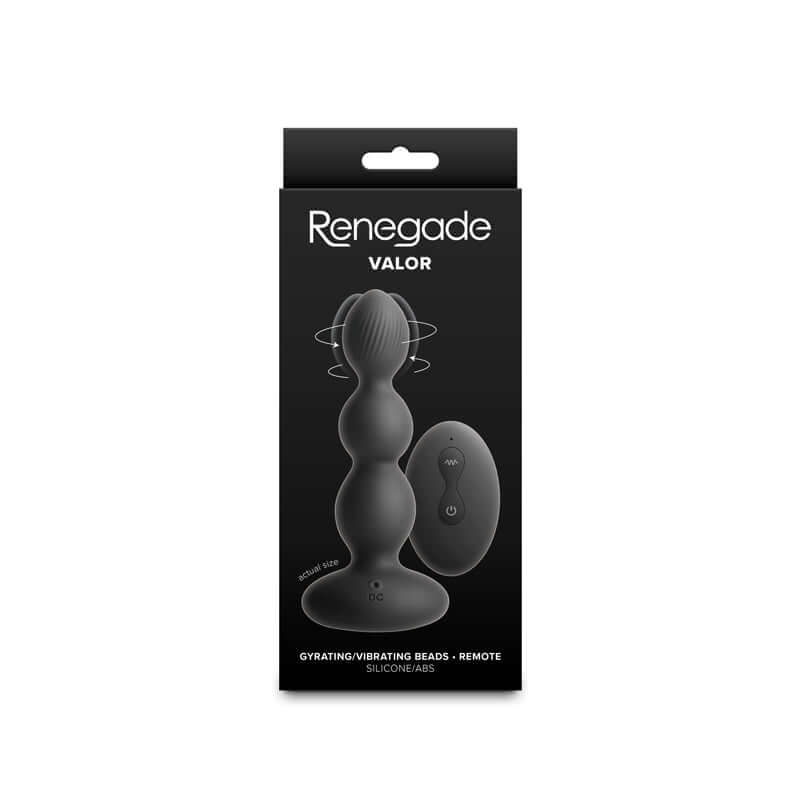 Renegade Valor packaging featuring USB rechargeable vibrating anal beads and wireless remote in black.