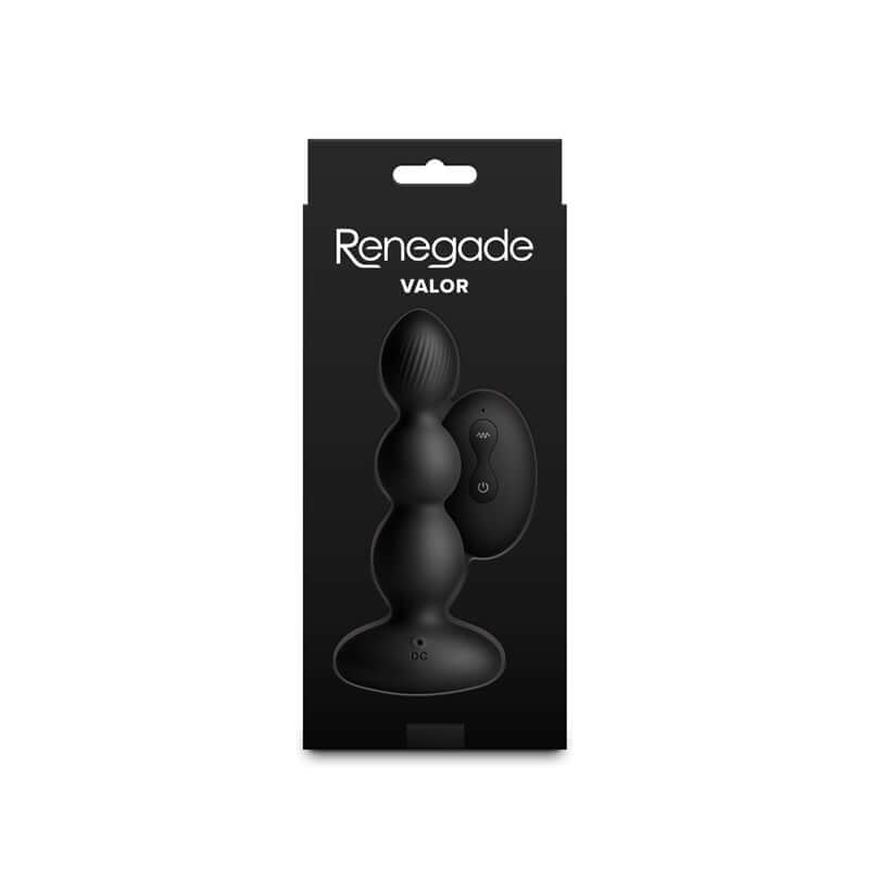 Renegade Valor - 13.7 cm USB rechargeable vibrating anal beads with remote control in packaging.