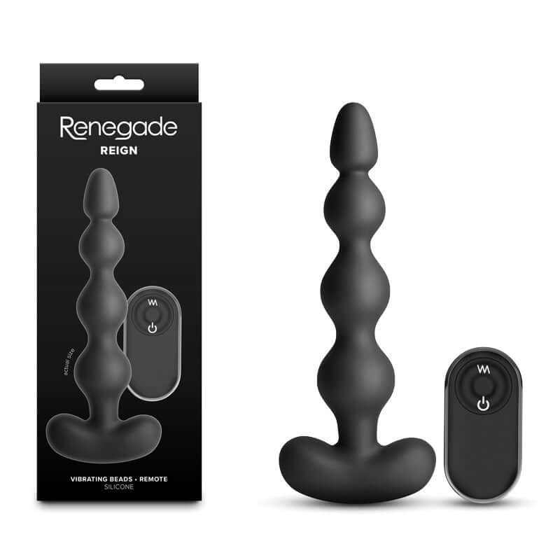 Renegade Reign USB rechargeable vibrating anal beads with wireless remote, designed for pleasure and made of silicone.