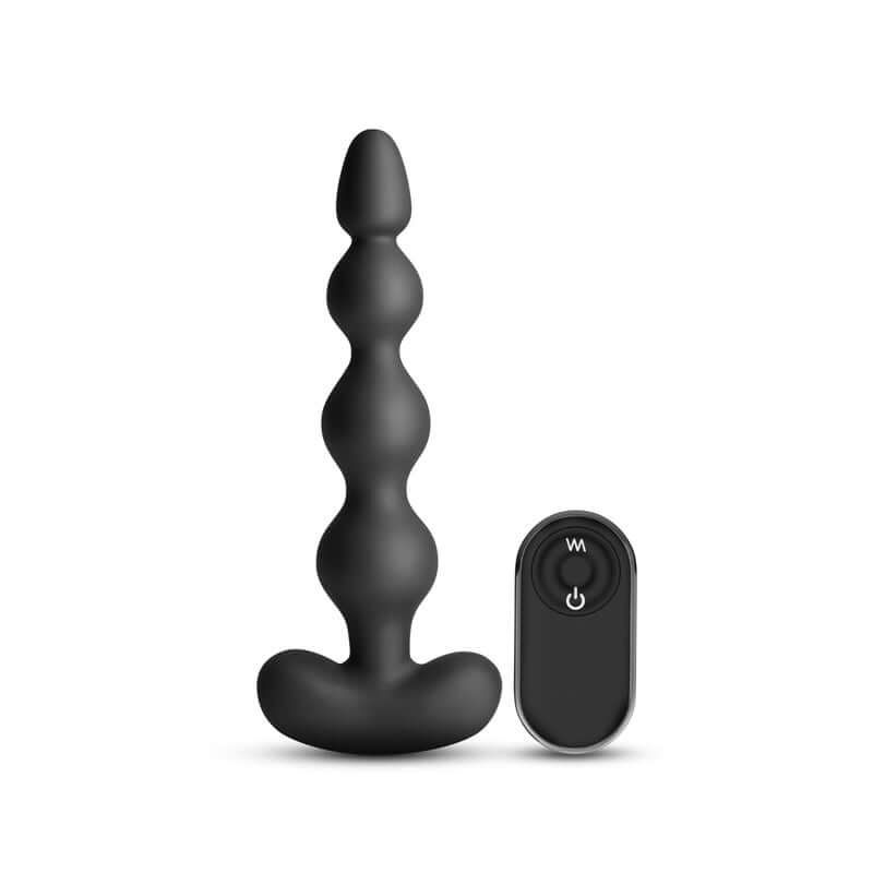 Renegade Reign 17.9 cm USB rechargeable vibrating anal beads with wireless remote in sleek black silicone.