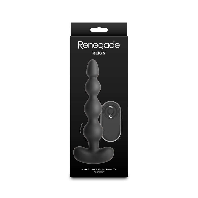 Renegade Reign packaging for 17.9 cm USB rechargeable vibrating anal beads with wireless remote, silicone material.