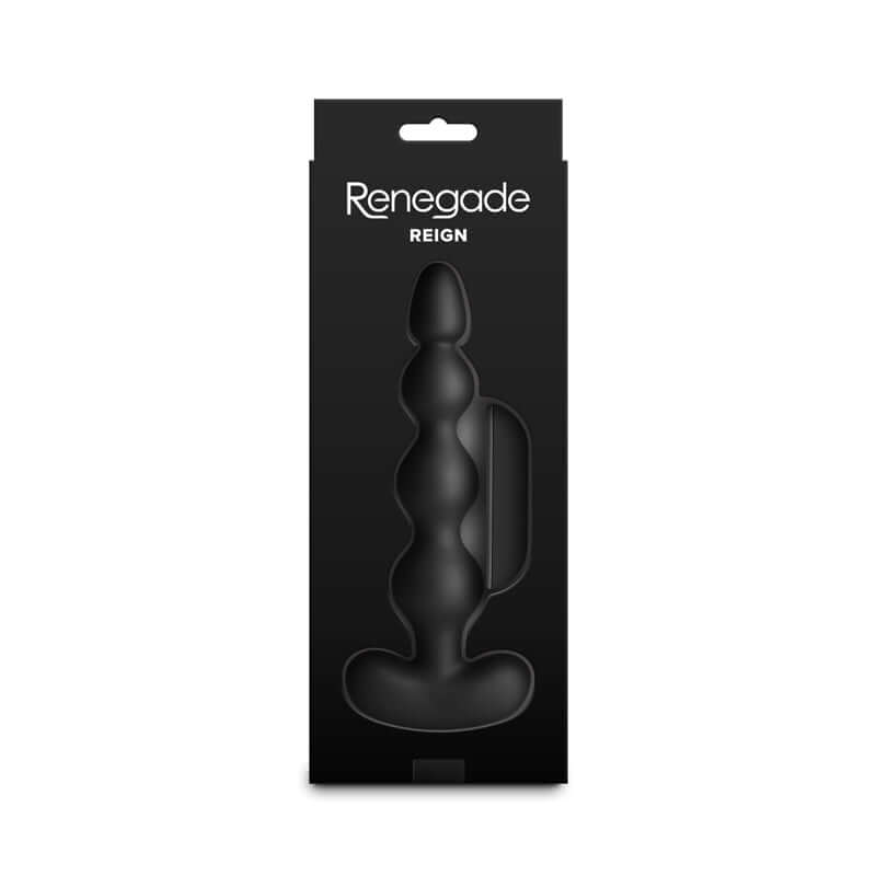 Renegade Reign - 17.9 cm USB rechargeable vibrating anal beads packaging with sleek black design