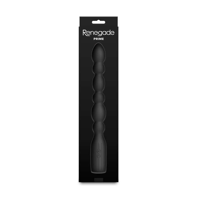 Renegade Prime packaging for 28.8 cm USB rechargeable vibrating anal beads with smooth silicone design.