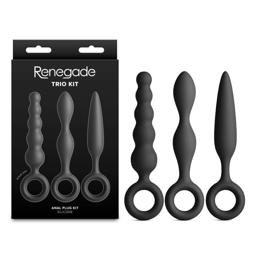 Renegade Trio Kit - beginner anal plug set featuring three silicone anal plugs with finger rings for easy retrieval.