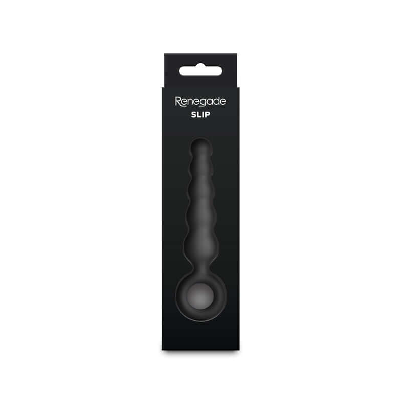Renegade Slip packaging for beginner silicone anal plug featuring a tapered design and finger rings for easy control.