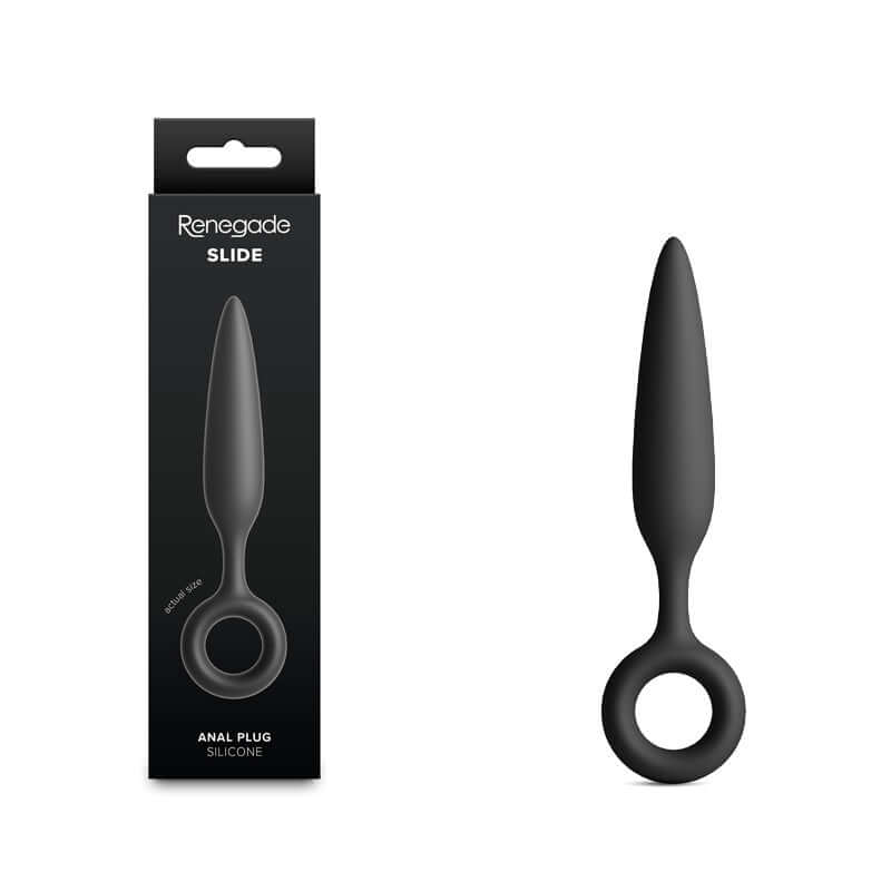 Renegade Slide 12.7 cm anal plug, designed for beginners, made of silicone, featuring finger rings for control. beginner silicone anal plug.
