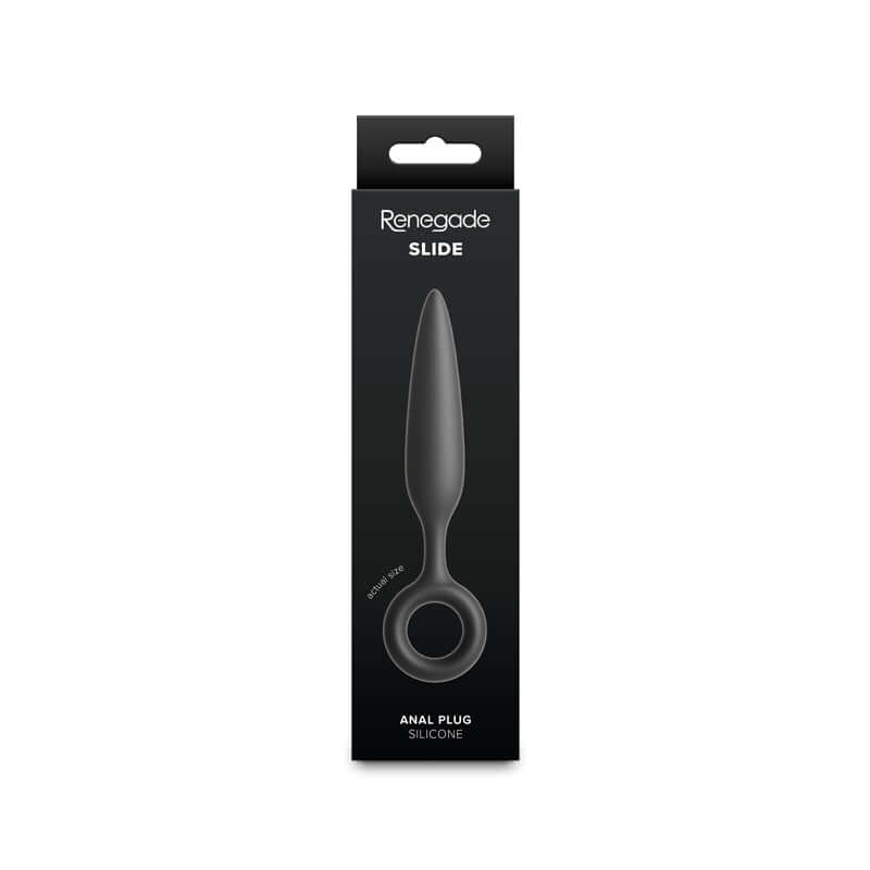 Renegade Slide 12.7 cm anal plug packaging featuring a beginner silicone anal plug with finger rings.