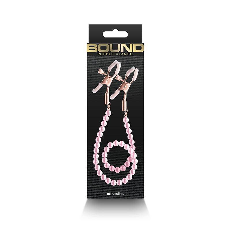 Bound Nipple Clamps - DC1 -  - Gold Nipple Clamps with  Pearl Chain packaging featuring nipple clamps with pink pearl chain.