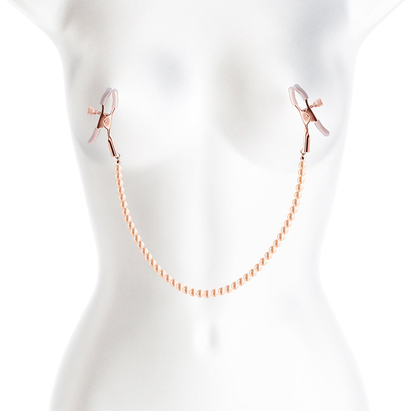 Bound Nipple Clamps - DC1 -  -  Nipple Clamps with Gold Pearl Chain on a mannequin.