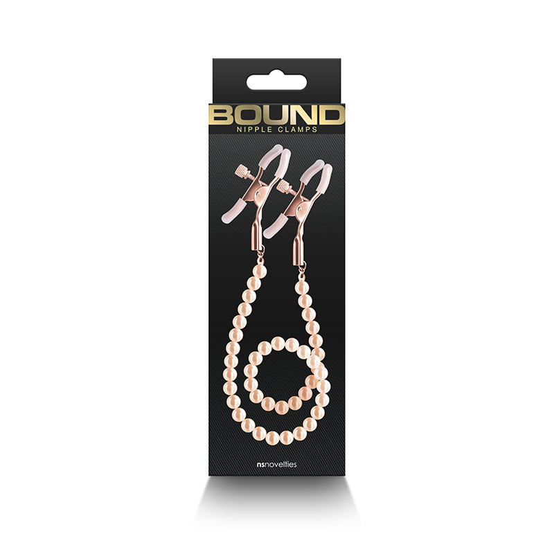 Bound Nipple Clamps - DC1 -  - Nipple Clamps with Gold Pearl Chain on display packaging.