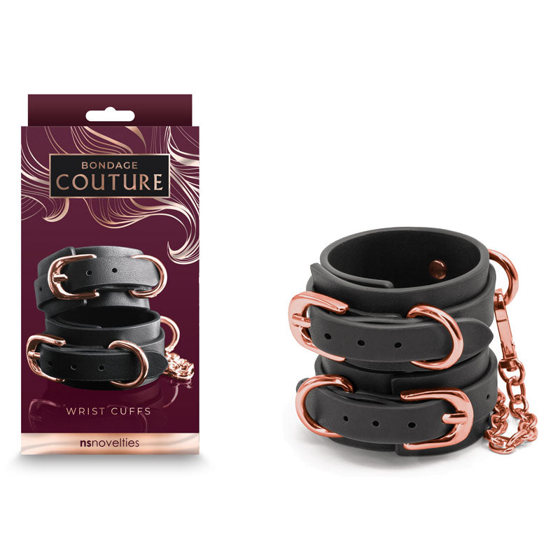Bondage Couture Wrist Cuffs -  -  Restraints in black with rose gold hardware for intimate essentials.