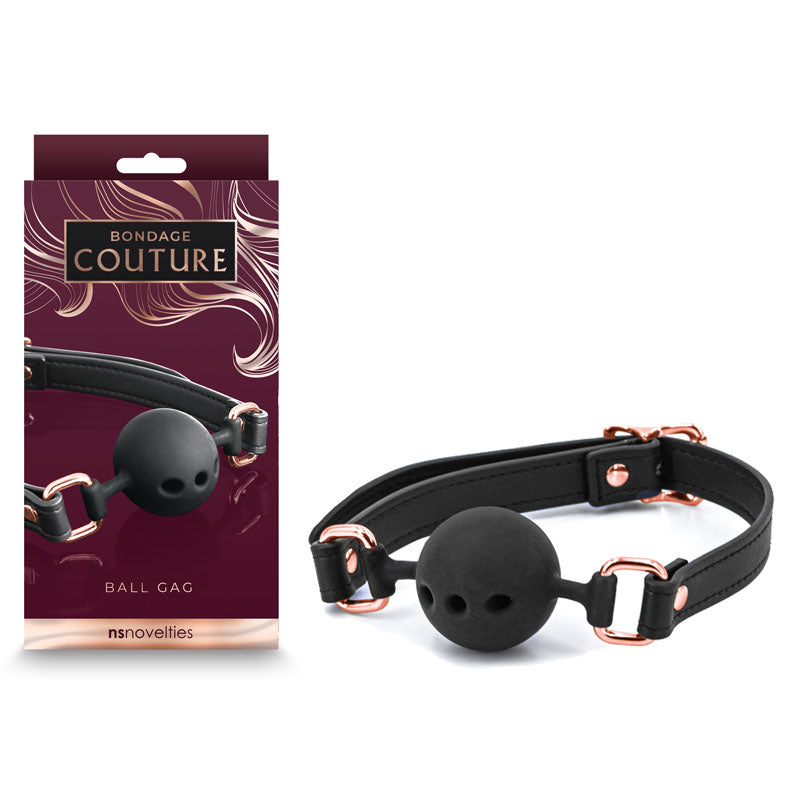Bondage Couture Ball Gag - Mouth Restraint with packaging and black design featuring superior materials.