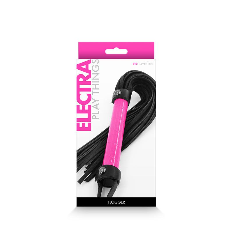 Electra Flogger -  -  Flogger Whip in pink packaging with black straps, perfect for intimate essentials for her.