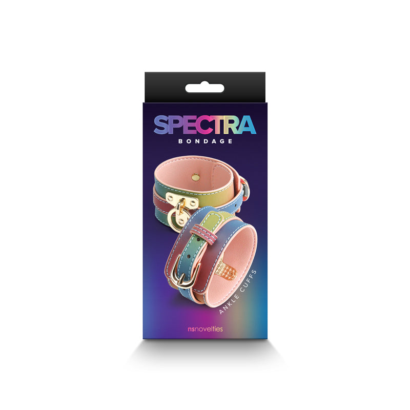 Spectra Bondage Ankle Cuffs - Rainbow - Rainbow Restraints packaging showing colorful restraints and logo.