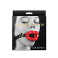 Fetish & Fashion - Kourtney - Lips Open Mouth Restraint packaging featuring a model with a red ball gag.