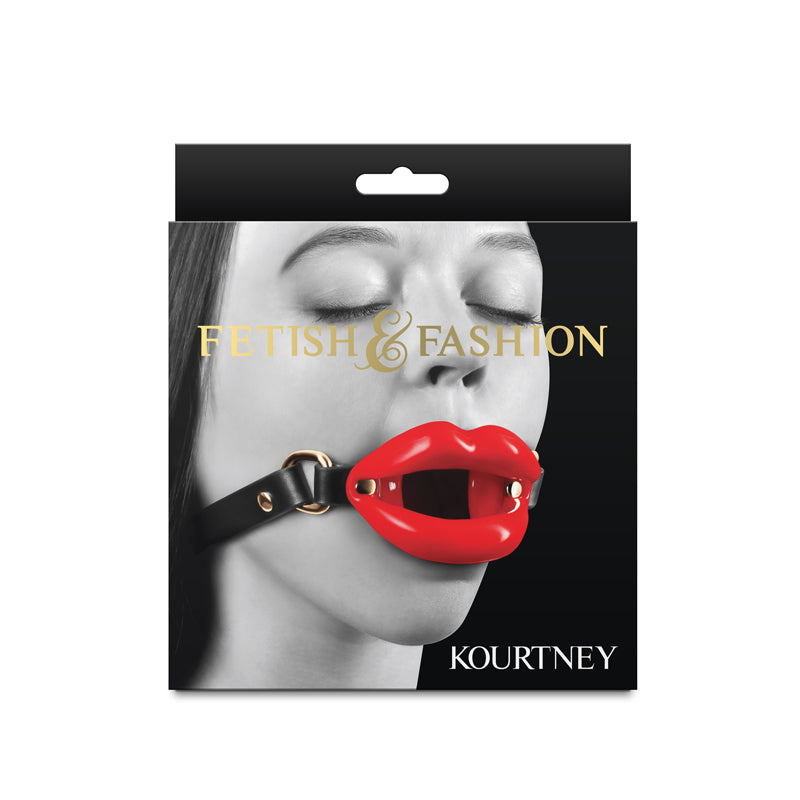 Fetish & Fashion - Kourtney - Lips Open Mouth Restraint packaging featuring a model with a red ball gag.