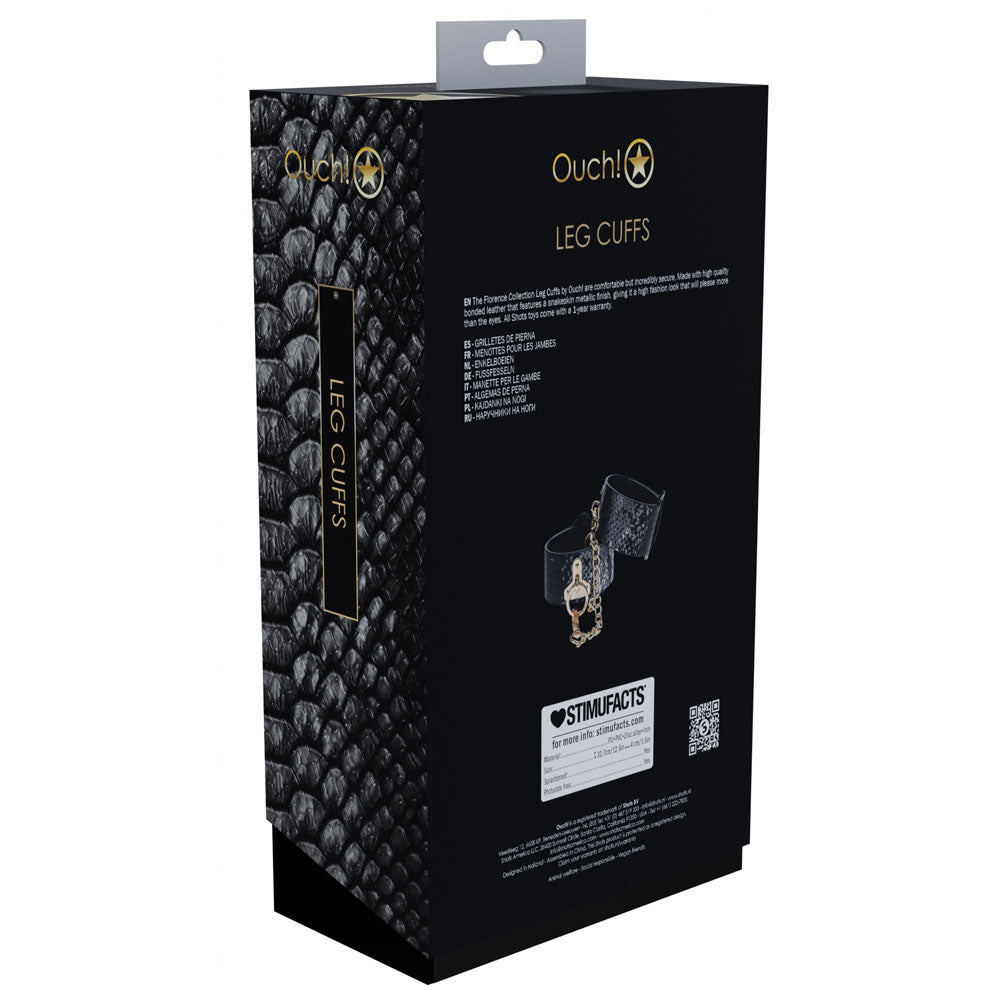 OUCH! Florence Collection - Leg Cuffs - Restraints packaging showing adjustable ankle cuffs with iridescent hardware.