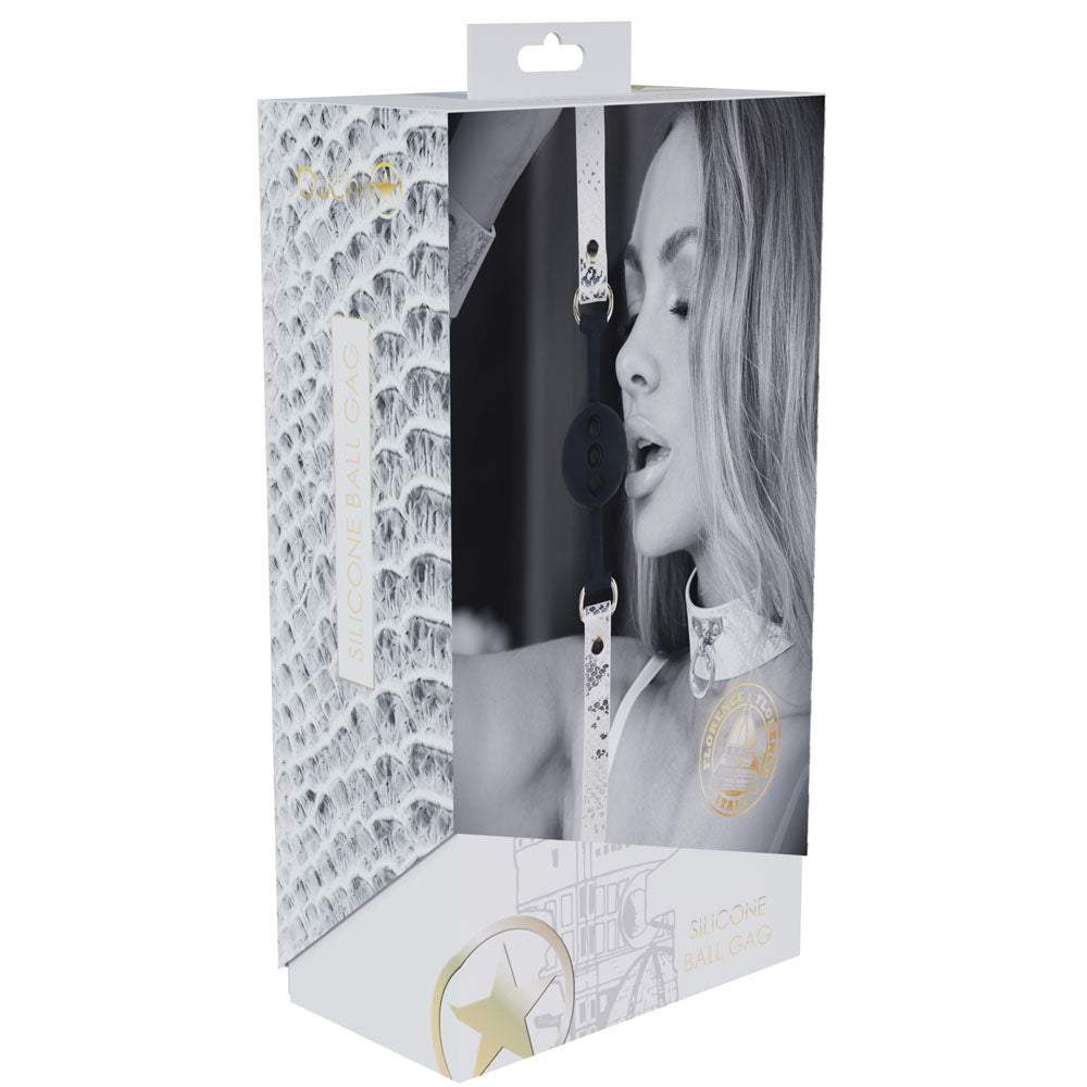 OUCH! Florence Collection - Silicone Ball Gag -  Breathable Mouth Restraint packaging featuring a model.