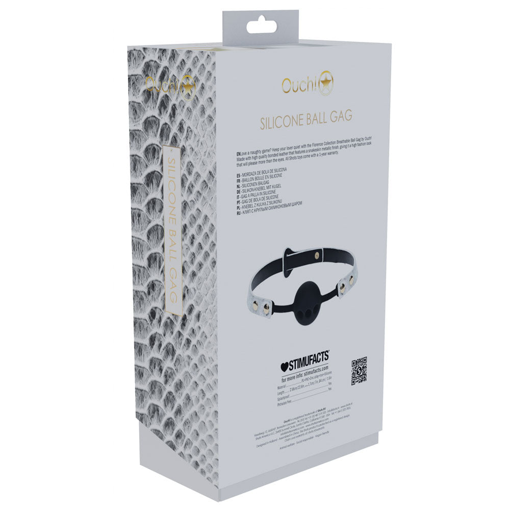 OUCH! Florence Collection - Silicone Ball Gag -  Breathable Mouth Restraint packaging design with product details.